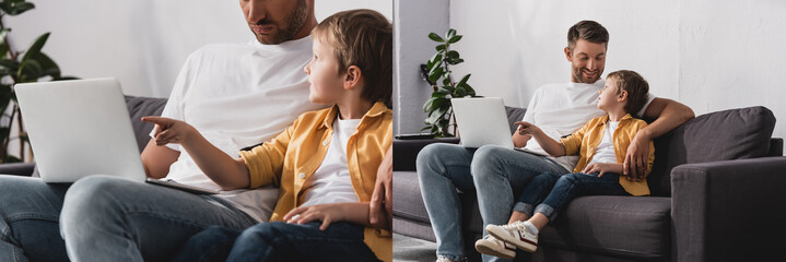 collage of father sitting near adorable son pointing with finger at laptop