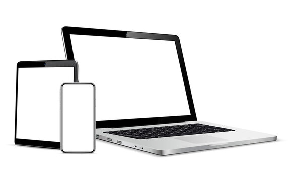 Gadgets including smartphone, digital tablet and laptop, blank screen with copyspace
