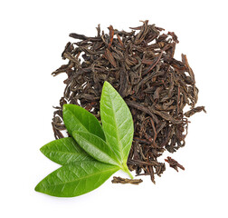 Black tea with leaves isolated