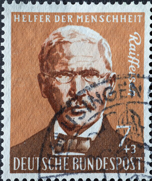 GERMANY - CIRCA 1958: a postage stamp printed in Germany showing an image of Friedrich Wilhelm Heinrich Raiffeisen, circa 1958.