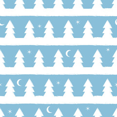 Obraz premium Winter woodland seamless vector pattern. Snow covered trees landscape surface print design for seasonal backgrounds, fabrics, textiles, statoinery, and christmas wrapping paper, and packaging.