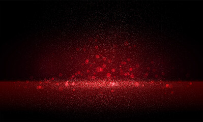 Luxury red gold glitter particles on black background. Red glowing lights magic effects. Glow sparkles, vector illustration.