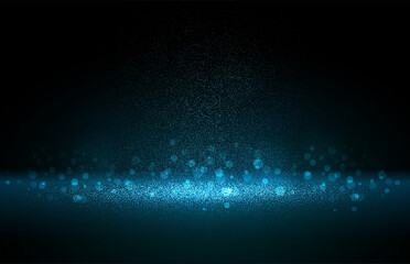 Luxury blue gold glitter particles on black background. Blue glowing lights magic effects. Glow sparkles, vector illustration.