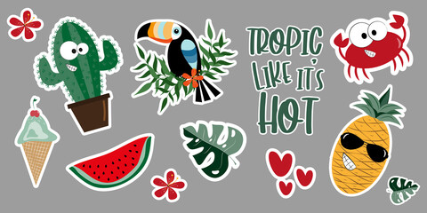 Summer sticker set- Cute cactus, crab, toucan, watermelon, pineapple, palm leaf, hibiscus , and hearts.