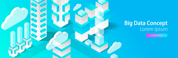 Fototapeta premium Isometric big data flow processing concept, cloud database. Abstract technology background.
