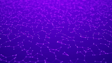 Network of bright connected dots and lines. Abstract dynamic wave of many points. Digital background. 3D rendering.