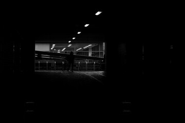 Dark tunnel with leading lights