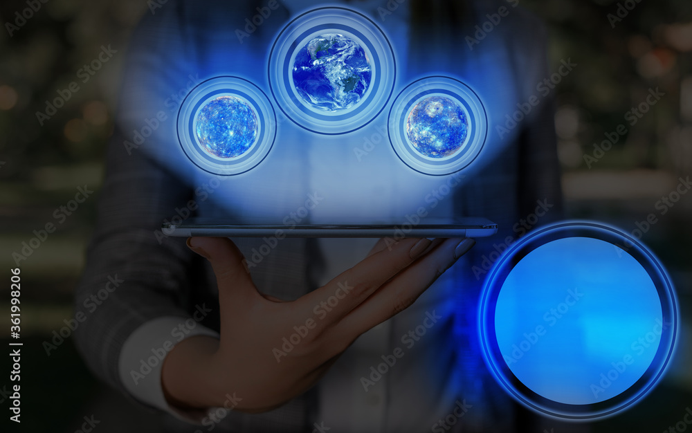 Poster digital image of distant solar system showing global technology networks. elements of this image fur
