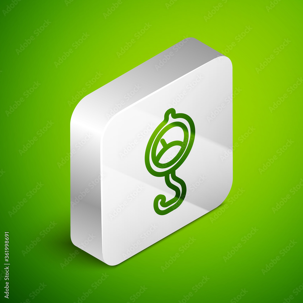 Poster Isometric line Spring scale icon isolated on green background. Balance for weighing. Determination of weight. Silver square button. Vector.