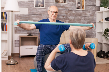 Fototapeta premium Old couple training their biceps using elastic band and weights. Old person healthy lifestyle exercise at home, workout and training, sport activity at home on yoga mat.