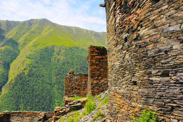 Old stone and rock architecture in Tusheti, Georgia. Old famous village and travel destination.