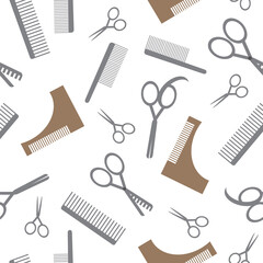 Seamless pattern with scissors and comb on a white background as a backdrop or wallpaper, flat vector stock illustration with hairdressing tools as a haircut concept
