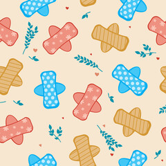 Seamless pattern with reusable absorbent fabric pads as backdrop or wallpaper, flat vector stock illustration with pad and plant leaves