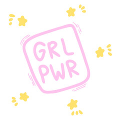 Girl power sticker isolated on white background. Pink outline and yellow stars. Vector illustration in the Doodle style. Can be used as a sticker or stripe. Print on paper or fabric.