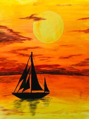 sailing boat at sunset water color painting art