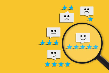Focus five stars feedback with chat bubble emotion. Business success concept and excellent idea