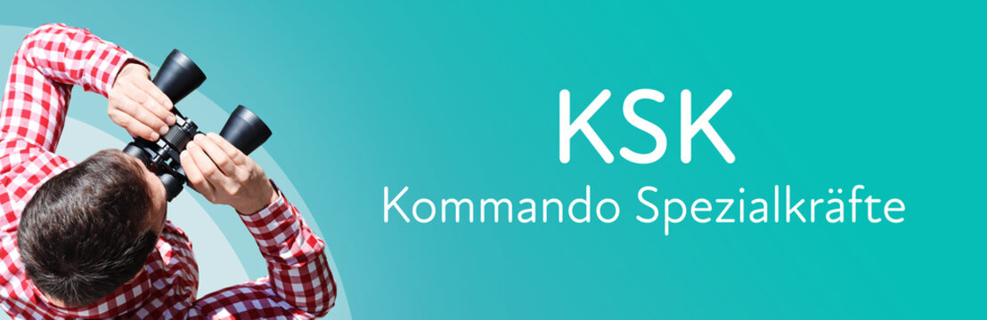 KSK (Kommando Spezialkr&auml;fte). Mann mit Fernglas aus Vogelperspektive. Beobachtung, Draufsicht, Panorama. Business Text auf blau. Statistik, Wirtschaft