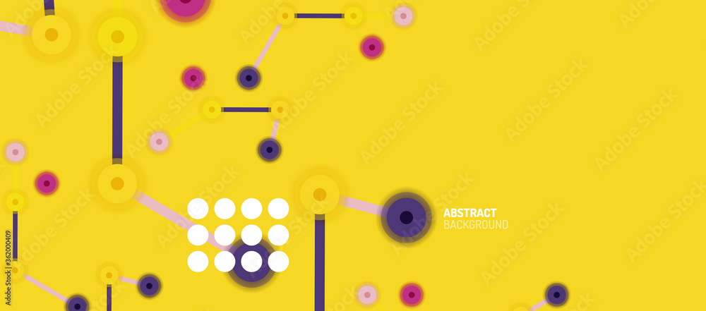 Poster flat style geometric abstract background, round dots or circle connections on color background. tech