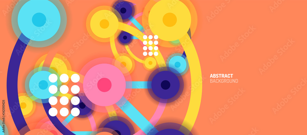 Poster flat style geometric abstract background, round dots or circle connections on color background. tech