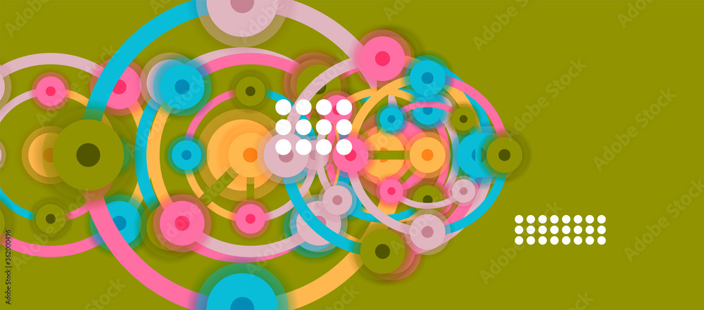 Poster flat style geometric abstract background, round dots or circle connections on color background. tech