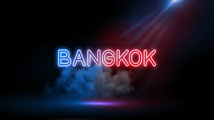 Bangkok, Thailand’s capital, is a large city known for ornate shrines and vibrant street life. City name in neon light effect, Studio room environment with smoke and spotlight.