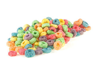 Pile of sweetened corn cereals isolated on a white background. Delicious and nutritious fruit cereal loops. Colorful corn rings. Kids breakfast.