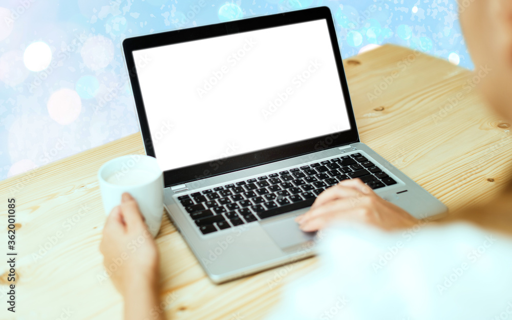 Poster modern gadgets with white display screen under colorful bokeh background