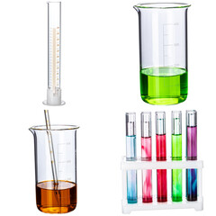 Collage of laboratory glassware on white background