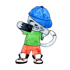 Watercolor cat meking selfie