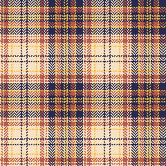 Plaid pattern vector in blue, brown, yellow, beige. Seamless herringbone tweed check plaid for dress, skirt, bag, or other modern tweed fashion textile design.