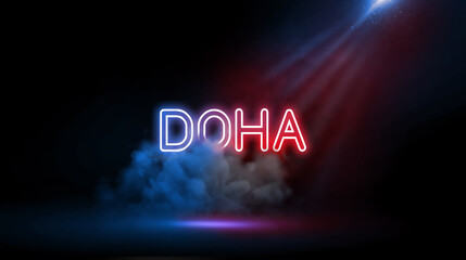 Doha, Qatar | City name in neon light effect, Studio room environment with smoke and spotlight.