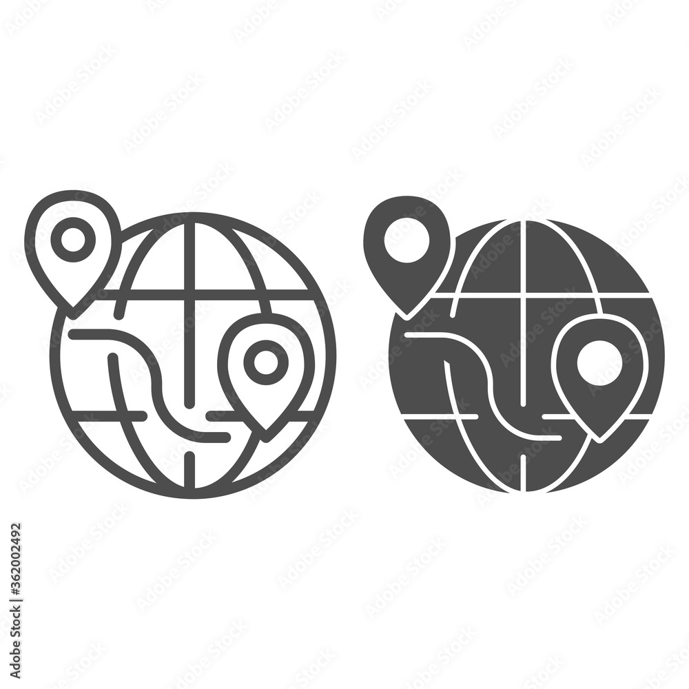 Aufkleber globe with location pins and route line and solid icon, navigation concept, globe with pins sign on 