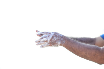 Fototapeta premium Corona virus travel prevention man showing hand hygiene washing hands with soap in hot water for coronavirus germs spreading protection.