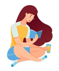 Vector woman character enjoy reading. Young girl sitting with paper book drinking juice. Spending time. Happy weekend and rest. Publication literature enjoyment.