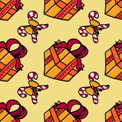 Seamless pattern with different textured gift boxes. Hand drawn elements. Background with holiday design. Freehand style. Doodle. Wallpaper, textiles, wrapping, card, print on clothes.