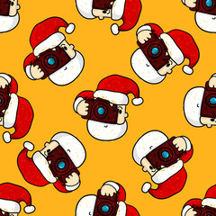 Christmas seamless pattern with Santa Claus and camera. Beautiful vector background for decoration xmas designs. Cute minimalistic art elements.
