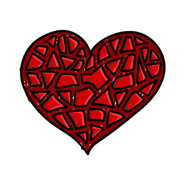 Broken red heart isolated shape. Mosaic love symbol like shattered glass pieces. Valentine day holiday design element. EPS10 vector.