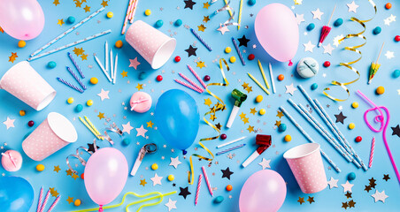 Birthday party backgroung with balloons, confetti, candles, candies and other party supplies top...