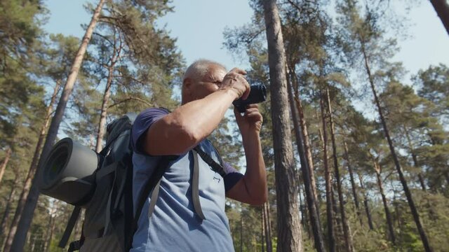 Senior man on hiking trip taking photos in forest with digital camera