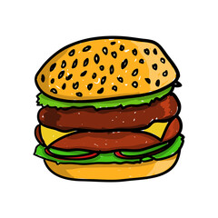 Big and tasty hamburger. Vector doodle illustration. Doodle hand-drawn cartoon icon. Colorful design