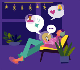 Cute flat illustration of young woman sit on sofa at home and talk to friends online in cosy dark room. Social distance and remote communication via new technologies