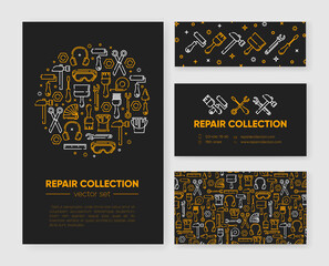 Set of templates with working tools for home repair, building, construction, renovation. Design element, outline set, icons of industrial equipment. Vector illustration. Bright yellow and white color.