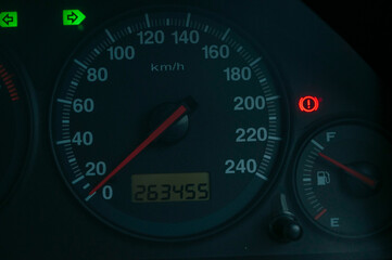 Black speedometer from a close-up car and symbol inside the screen