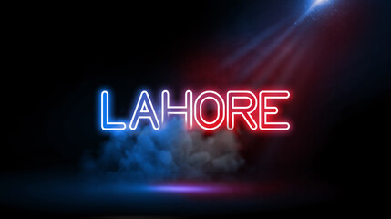 Lahore, Pakistan | City name in neon light effect, Studio room environment with smoke and spotlight.