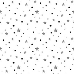 Seamless cute pattern with little different black stars, dots and circles on white background.