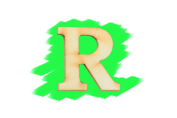 Alphabet letter wooden font on painted green color isolated on white background. English flat wood character R.