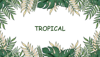 Naklejka na ściany i meble hand drawn tropical floral frame template, border design with jungle foliage, tropical summer design , botanic aloha illustration