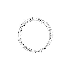 Holiday round frame with stars and glitter dots on white background.
