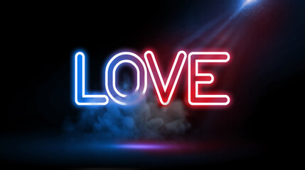 Word Love, Neon light effect, Studio room environment with smoke and spotlight.