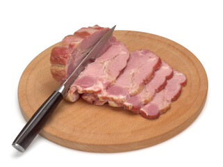 Sliced smoked pork neck on the wooden board